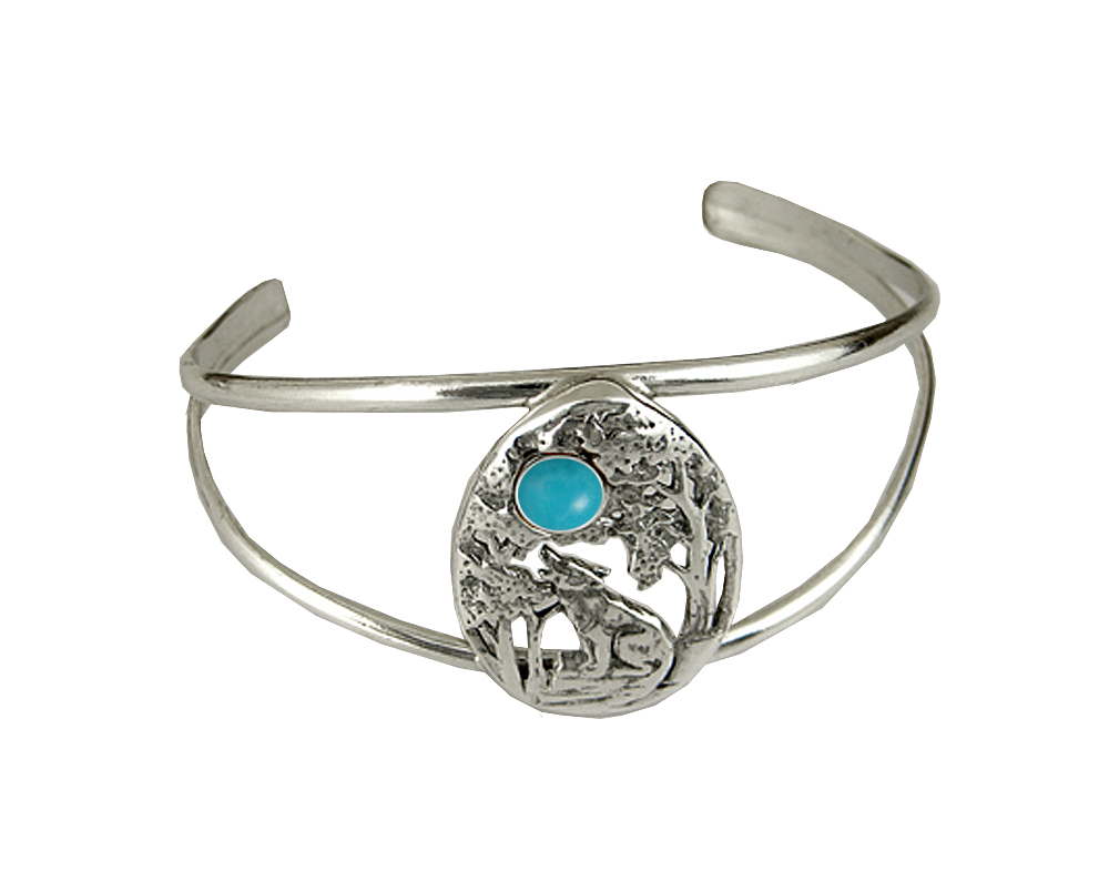 Sterling Silver Howling Wolf Cuff Bracelet With Turquoise